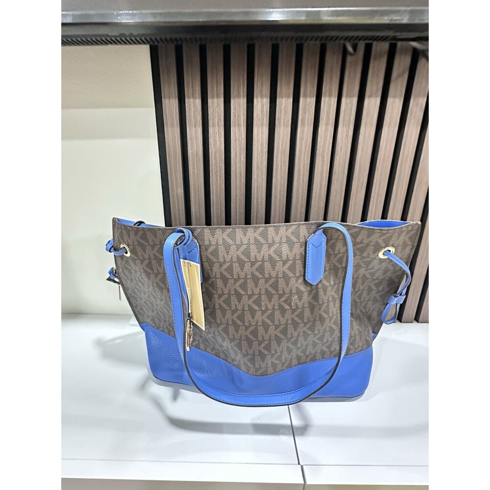 NWT Michael Kors Trista Large Drawstring Tote Bag Signature Oxford Blue $328